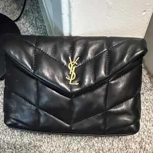 Saint Laurent Black Quilted Leather Envelope Clutch with Gold YSL Emblem